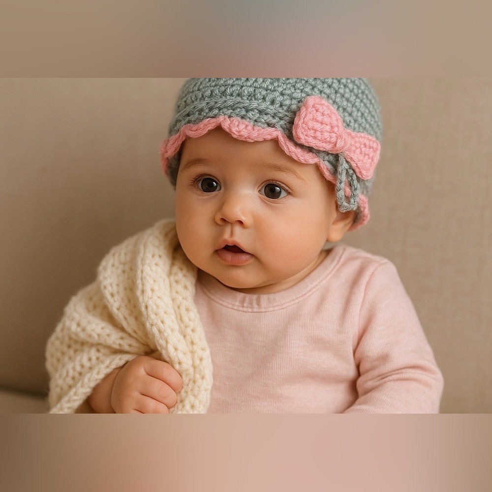 Handmade Crochet Baby Booties/hat– Pink & Sage Green | Soft 3–6 Month Baby Shoes - Picture 2 of 5